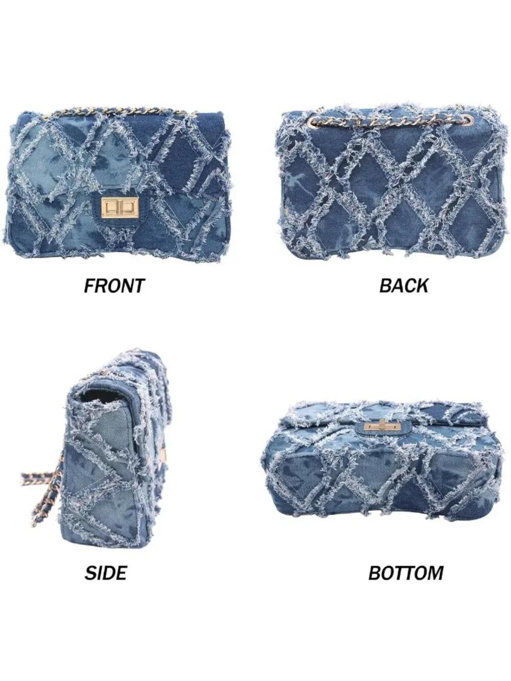 Small Quilted Denim Shoulder Bag with Chain Strap - Stylish Clutch Purse for